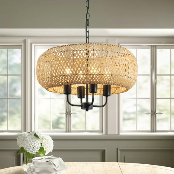 Aiwen Novelty Rattan Pendant Light Fixture 4-Light Globe Wicker Chandelier for Living Room Dining Room Kitchen Hallway