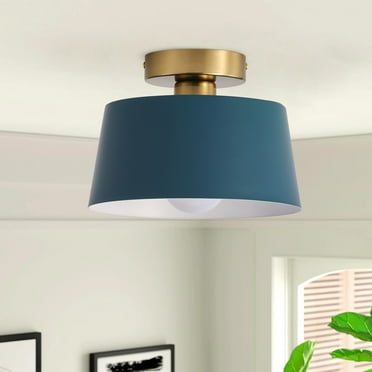 Aiwen Semi Flush Mount Ceiling Light Fixture Drum Light With Blue Metal Shade Modern Lighting For Bedroom Hallway Living Room