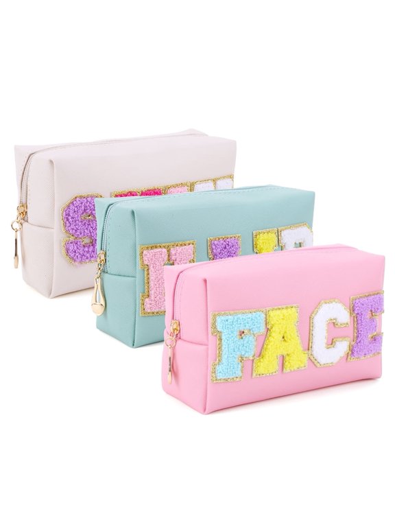 3PCS Face Hair Skin Bag Zipper Closure Chenille Letter Cosmetic Pouch PU Leather