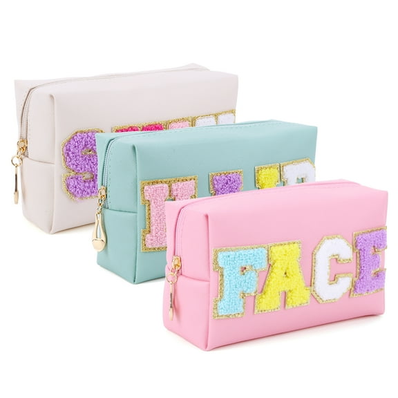 Aixig 3PCS Face Hair Skin Bag Zipper Closure Chenille Letter Cosmetic Pouch PU Leather