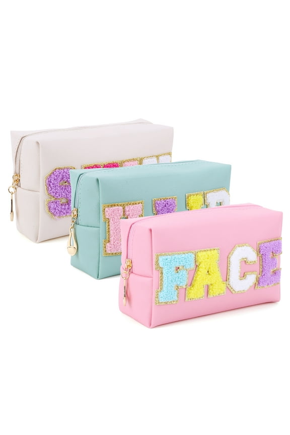 3PCS Face Hair Skin Bag Zipper Closure Chenille Letter Cosmetic Pouch PU Leather