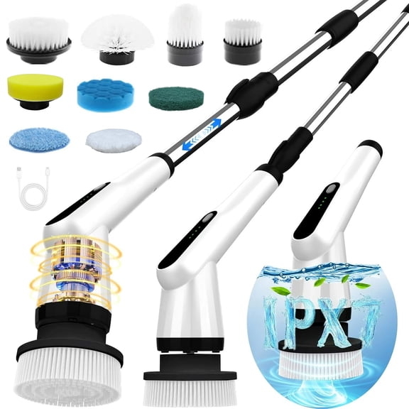 Aixiqee Cordless Electric Spin Scrubber with 9 Replaceable Heads - Long & Short Handle, Power Scrubber for Bathroom, Tile, Tub & Floor