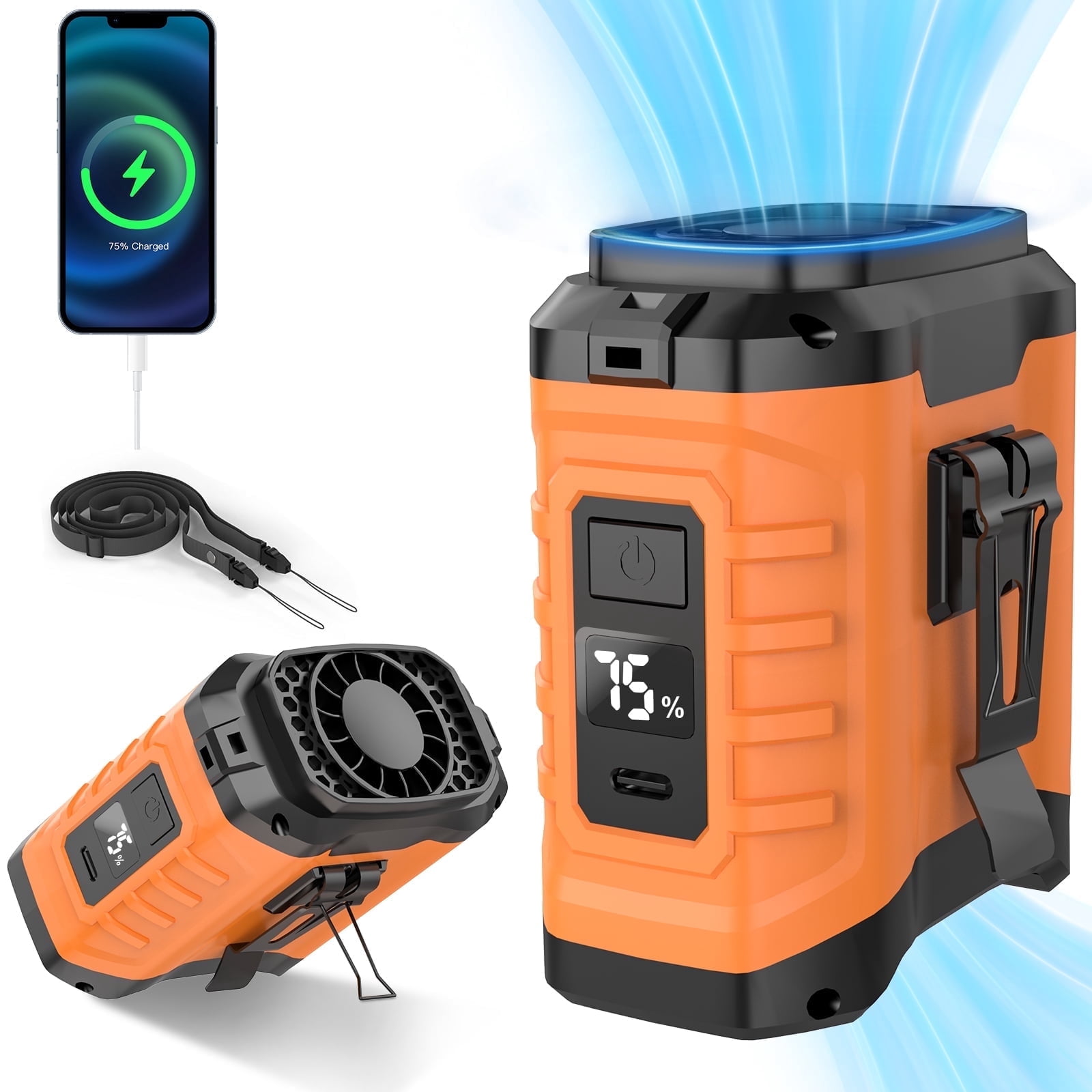 10000mAh Portable Waist Fan Clip on Wearable Belt Personal Fan Rechargeable Battery operated With 5 Speeds & Neck Hands-Free 50H Cooling For Outdoor Camping Travel (Orange)