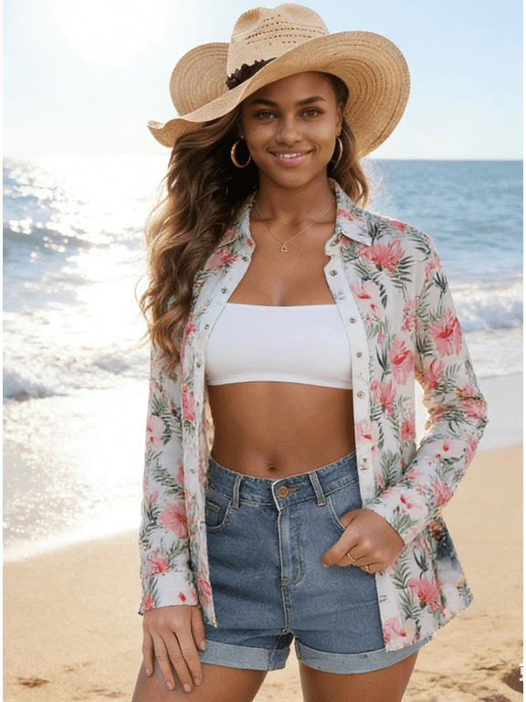 Women's Button Down Shirts Floral Hawaiian Shirt Beach Holiday Blouse Casual Longs Sleeve Tops,L