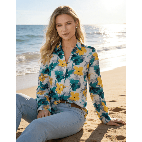 Aiyino Button Down Shirts for Women Dressy Casual Blouse Spring Summer Floral Hawaiian Beach Tops,M