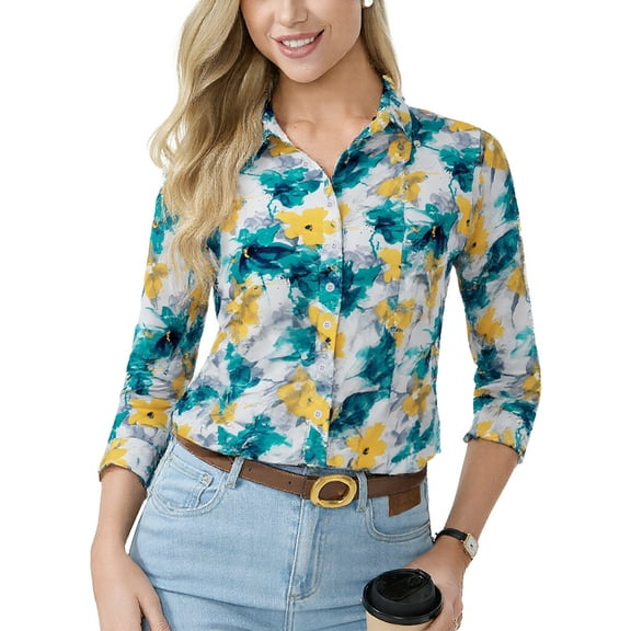 Aiyino Button Down Shirts for Women Dressy Floral Printed Long Sleeve Loose Blouse Business Casual Work Tops,M