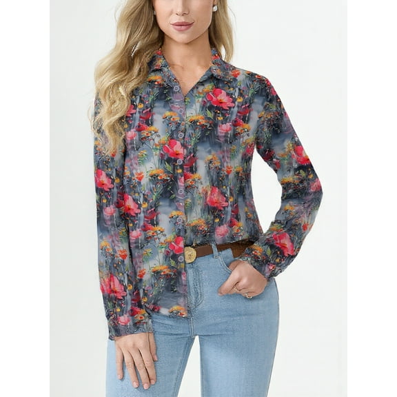 Aiyino Button Down Shirts for Women Dressy Floral Printed Long Sleeve Loose Blouse Business Casual Work Tops,S