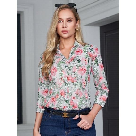 Aiyino Button Down Shirts for Women Dressy Floral Printed Long Sleeve Loose Blouse Business Casual Work Tops,XL