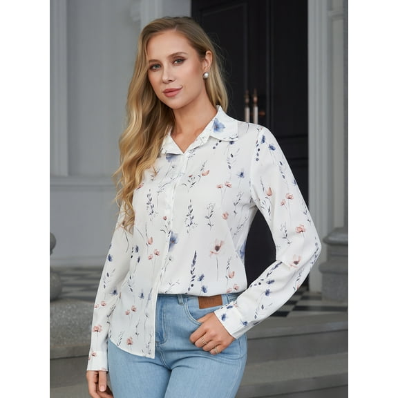 Aiyino Button Down Shirts for Women Dressy Floral Printed Long Sleeve Loose Blouse Business Casual Work Tops,XXL