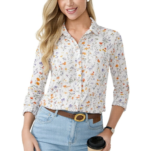 Aiyino Button Down Shirts for Women Dressy Floral Printed Long Sleeve Loose Blouse Business Casual Work Tops,XXL