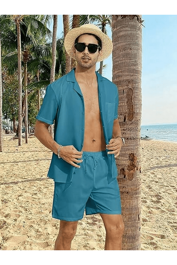 Men's 2 Pieces Shirt Set Short Sleeve Button Down Casual Hippie Holiday Beach T-Shirts Shorts Outfits