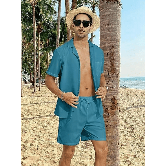Aiyino Men's 2 Pieces Shirt Set Short Sleeve Button Down Casual Hippie Holiday Beach T-Shirts Shorts Outfits