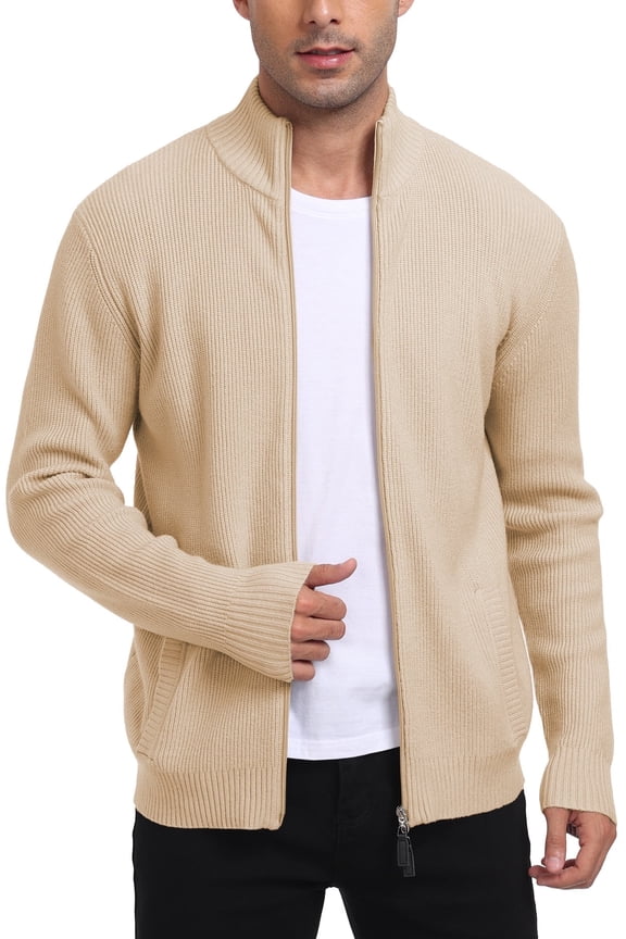 Men's Cardigan Sweaters Full Zip Up Stand Collar Slim Fit Casual Knitted Sweater with 2 Front Pockets