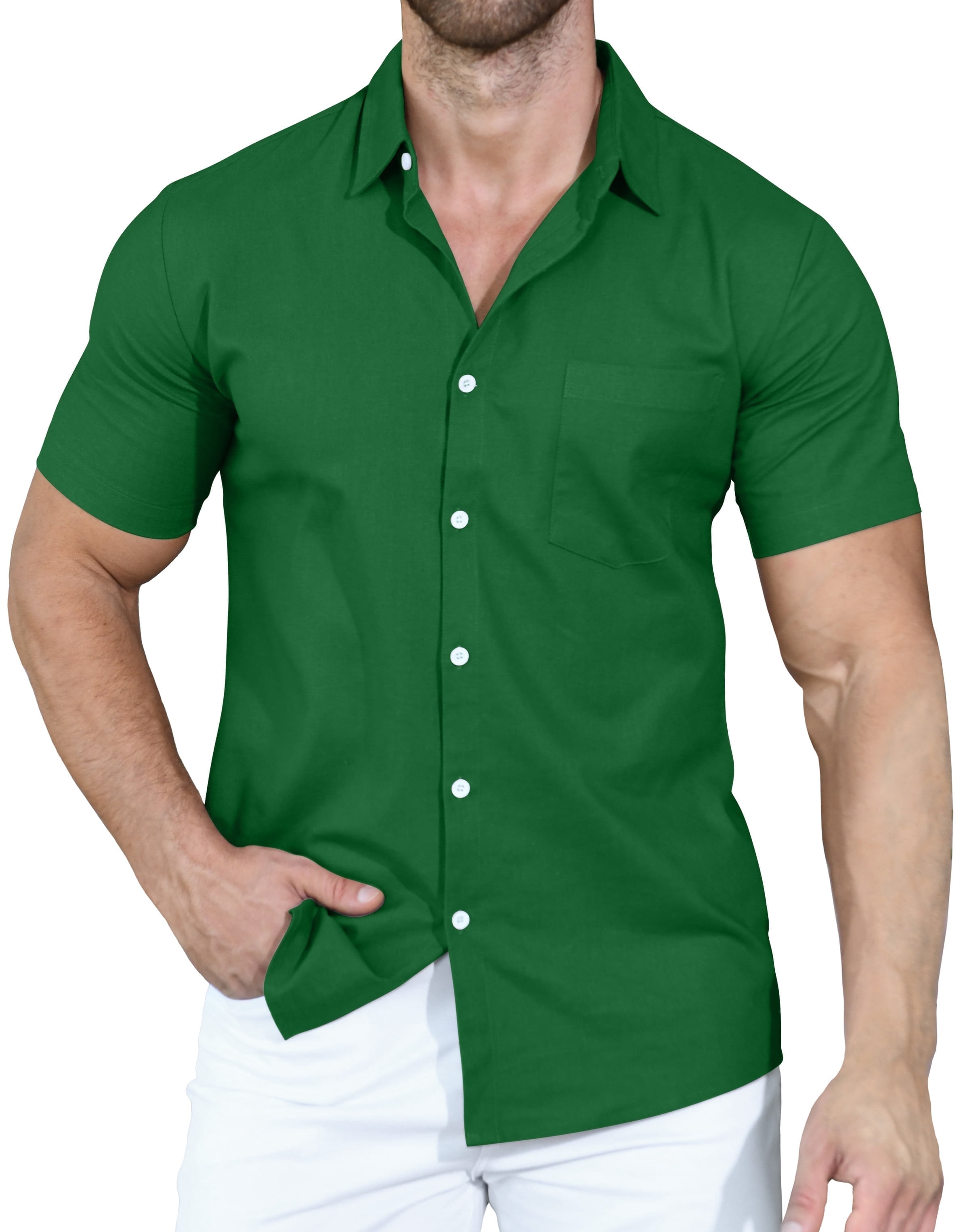 Aiyino Men's Casual Linen Button Down Shirt Short Sleeve Beach Shirt，Green