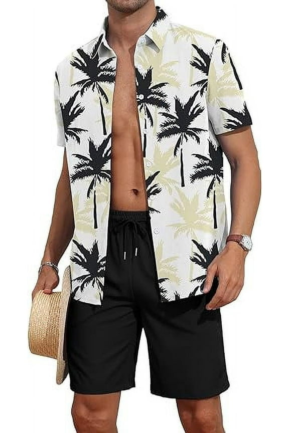 Men's Flower Button Down Hawaiian Outfit Sets Casual Short Sleeve Shirt and Shorts Suits