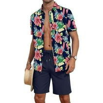 Aiyino Men's Flower Button Down Hawaiian Outfit Sets Casual Short Sleeve Shirt and Shorts Suits