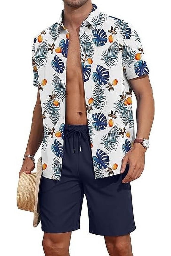Men's Flower Button Down Hawaiian Outfit Sets Casual Short Sleeve Shirt and Shorts Suits