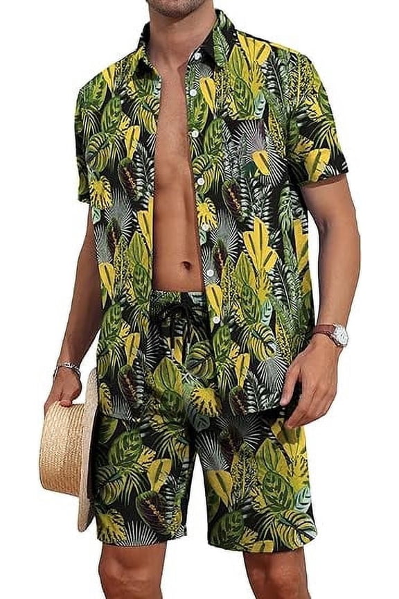 Men's Flower Button Hawaiian Sets Casual Short Sleeve Shirt and Shorts Outfits