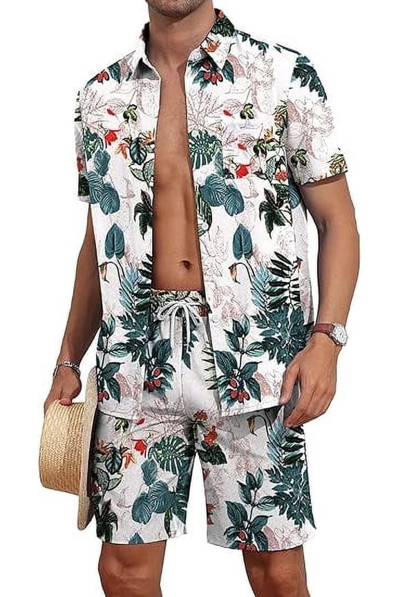 Men's Flower Button Hawaiian Sets Casual Short Sleeve Shirt and Shorts Outfits