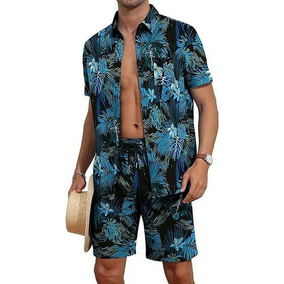 Aiyino Men's Flower Button Hawaiian Sets Casual Short Sleeve Shirt and Shorts Outfits