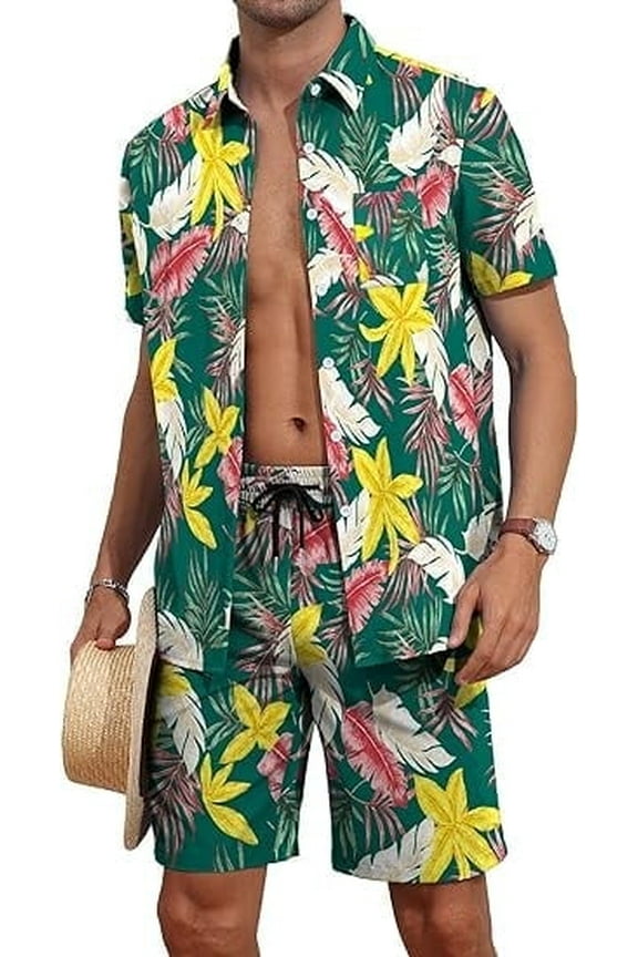 Men's Flower Button Hawaiian Sets Casual Short Sleeve Shirt and Shorts Outfits