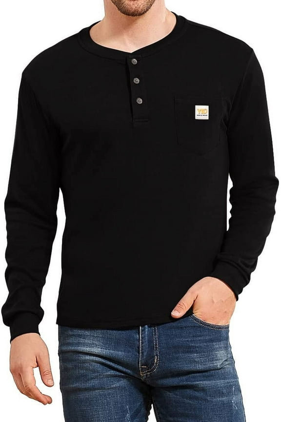 Men's Loose Fit Heavyweight Long Sleeve Pocket Henley T-Shirt