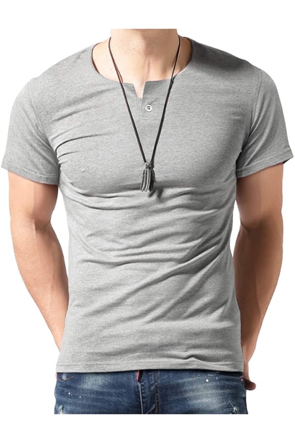 Men's Short Sleeve Casual Fit Single Button Placket Plain Henley Top T Shirts,Gray