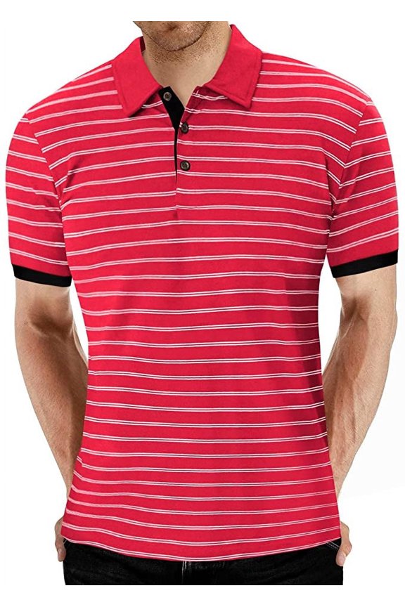 Men's Short Sleeve Stripe Polo Shirts Casual Slim Fit Basic Designed Cotton Shirts