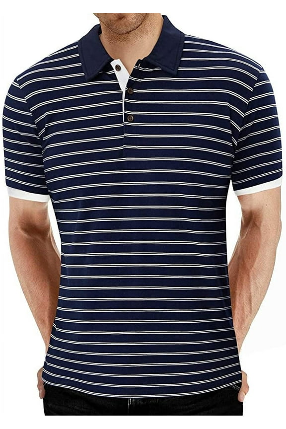 Men's Short Sleeve Stripe Polo Shirts Casual Slim Fit Basic Designed Cotton Shirts