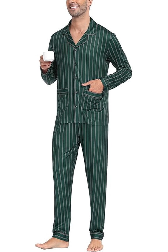 Men's Silk Satin Pajama Set Striped Long Sleeve Button Down Classic Sleepwear Loungewear with Front Pocket