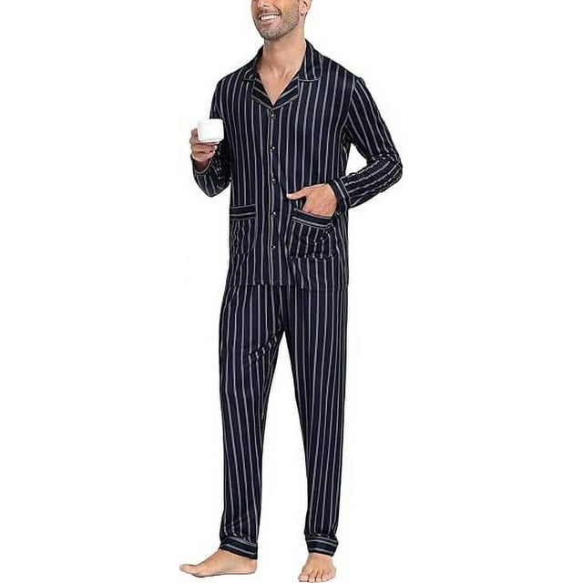 Aiyino Men's Silk Satin Pajama Set Striped Long Sleeve Button Down ...