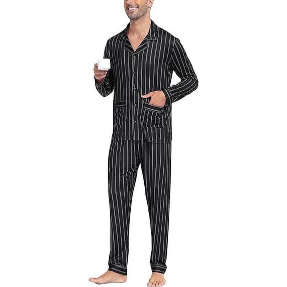 Aiyino Men's Silk Satin Pajama Set Striped Long Sleeve Button Down Classic Sleepwear Loungewear with Front Pocket