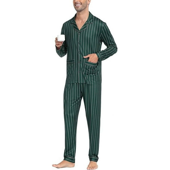 Aiyino Men's Silk Satin Pajama Set Striped Long Sleeve Button Down Classic Sleepwear Loungewear with Front Pocket