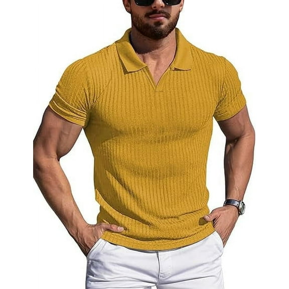 Aiyino Men's Muscle Stretch V Neck Polo Shirts Slim Fit Short Long Sleeve Golf T-Shirts Ribbed Knit Soft Tees Workout Tee Casual Polos