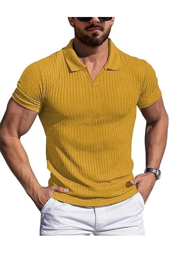 Men's Muscle Stretch V Neck Polo Shirts Slim Fit Short Long Sleeve Golf T-Shirts Ribbed Knit Soft Tees Workout Tee Casual Polos