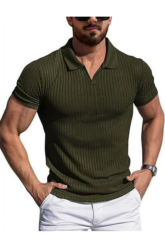Men's Muscle Stretch V Neck Polo Shirts Slim Fit Short Long Sleeve Golf T-Shirts Ribbed Knit Soft Tees Workout Tee Casual Polos