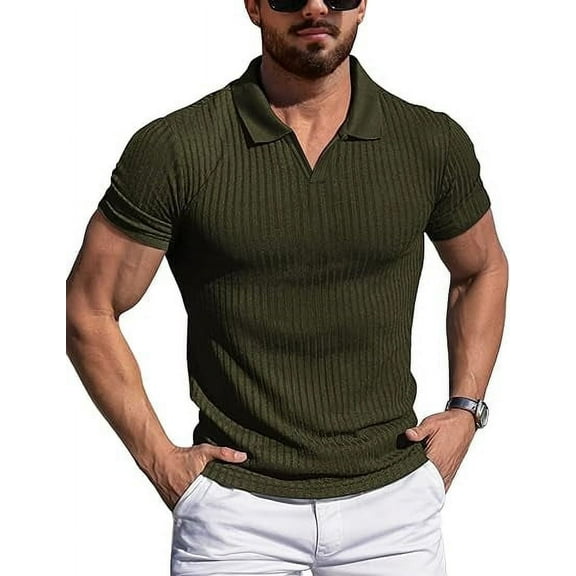 Aiyino Men's Muscle Stretch V Neck Polo Shirts Slim Fit Short Long Sleeve Golf T-Shirts Ribbed Knit Soft Tees Workout Tee Casual Polos