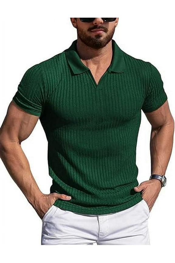 Men's Muscle Stretch V Neck Polo Shirts Slim Fit Short Long Sleeve Golf T-Shirts Ribbed Knit Soft Tees Workout Tee Casual Polos