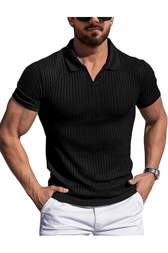 Men's Muscle Stretch V Neck Polo Shirts Slim Fit Short Long Sleeve Golf T-Shirts Ribbed Knit Soft Tees Workout Tee Casual Polos