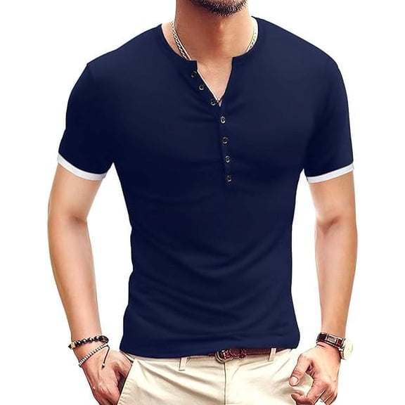 Aiyino Mens Classic Henley Style Seven Button Henley Closure, Men's Henley Short Sleeve Cotton Casual Shirt Summer Daily T-Shirts Fashion Basic,Navy XL