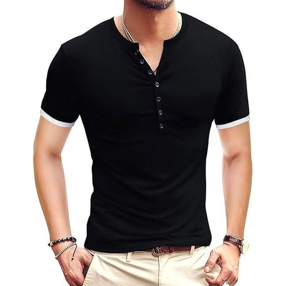 Aiyino Mens Classic Henley Style Seven Button Henley Closure T-Shirts Blouses, Cotton Casual Short Sleeve Summer Basic Daily Shirt Tops,Black XXL