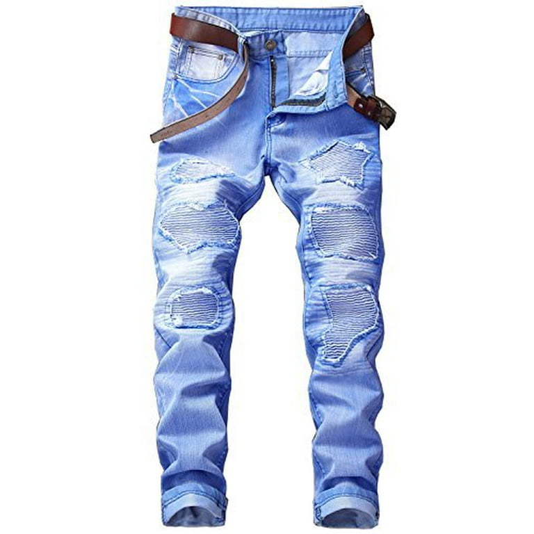 Embroidered Trousers Drawstring Pants Blue Biker Jeans Men Denim