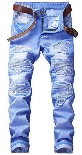 Ripped Biker Revival, Designer Stretch Jeans for Comfy Pants Fit, Distressed Men Biker Men\'s Jeans Slim Rock Jeans
