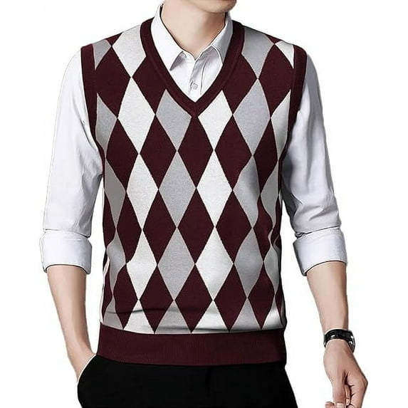 Aiyino Mens Sweater Vests Sleeveless V-Neck Knit Pullover Vest Casual Argyle Pullover Knitwear Vests Tank Top Sweater Vest with Ribbed Edge