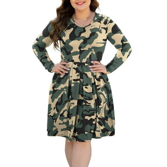 Aiyino Plus Size Dresses for Curvy Women Long Sleeve Casual Pleated Swing Dresses with Pockets
