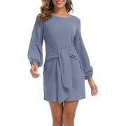 AIYINO Sweater for Women Lantern Sleeve Sweater Dress Solid Color Casual Pullover Knitted Dresses