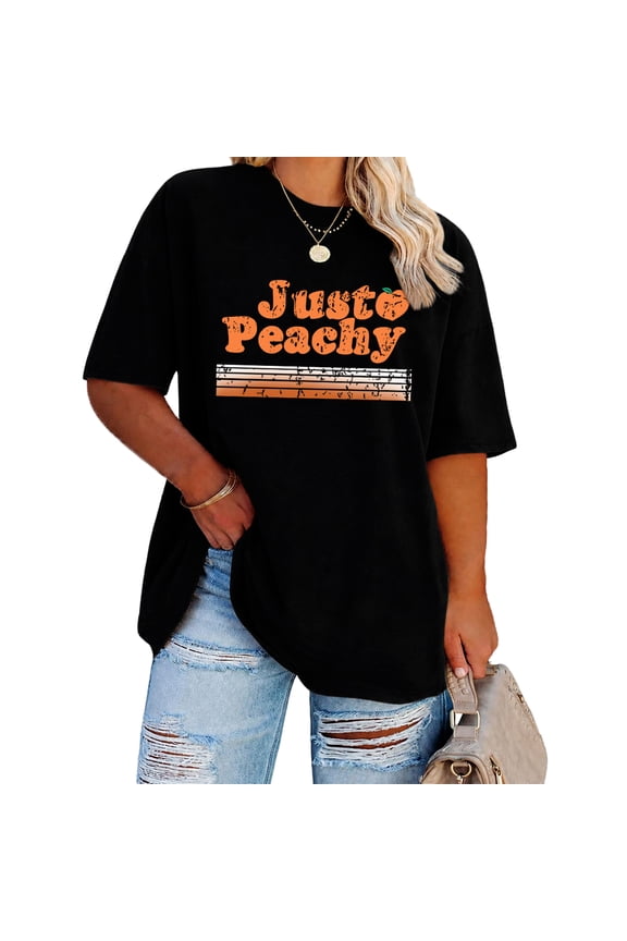 Vintage Just Peachy Print T-Shirt Women's Funny Peach Graphic Tee Crewneck Summer Tops
