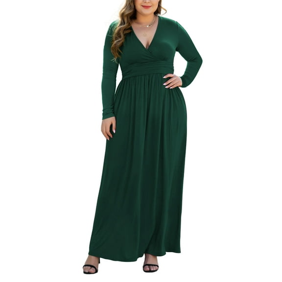 Aiyino Women Plus Size V Neck Long Sleeve Casual Evening Dress, Comfortable Elegant Party Maxi Dress，Dark Green 2XL