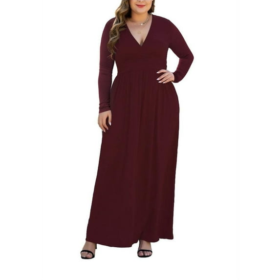 Aiyino Women Plus Size V Neck Long Sleeve Casual Evening Dress, Comfortable Elegant Party Maxi Dress,Wine Red XL
