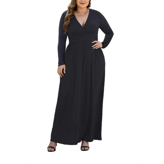 Aiyino Women Plus Size V Neck Long Sleeve Casual Evening Dress, Comfortable Elegant Party Maxi Dress,Black 2XL